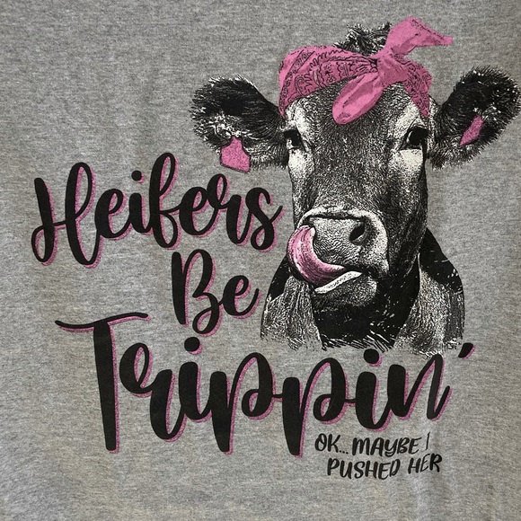 Tractor Supply Heifers Be Trippin Ok… Maybe I Pushed Her Graphic Tee Gray S L XL - Picture 3 of 6